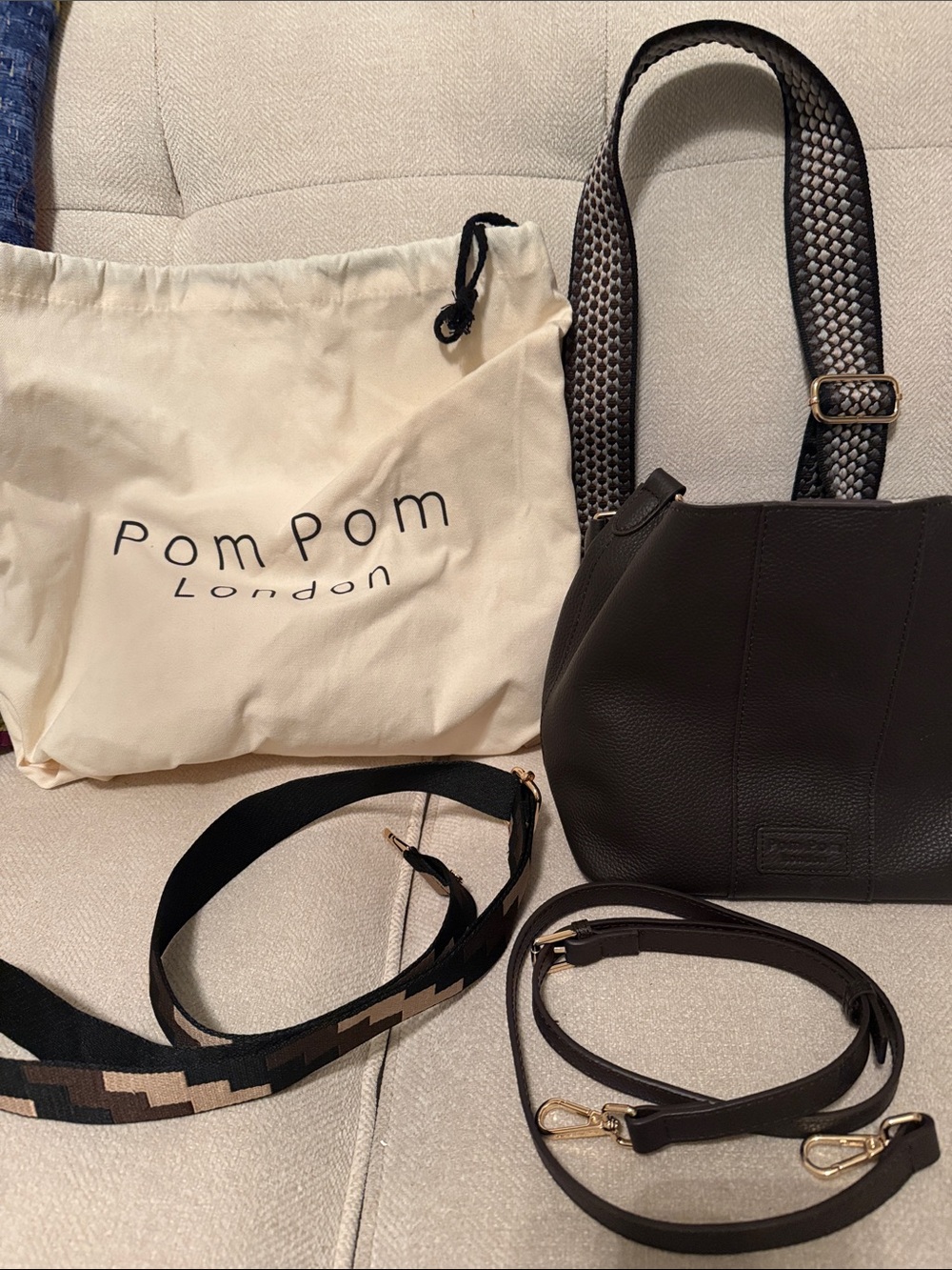 Pom Pom London dark brown Leather Shoulder Bag with two Woven Straps,